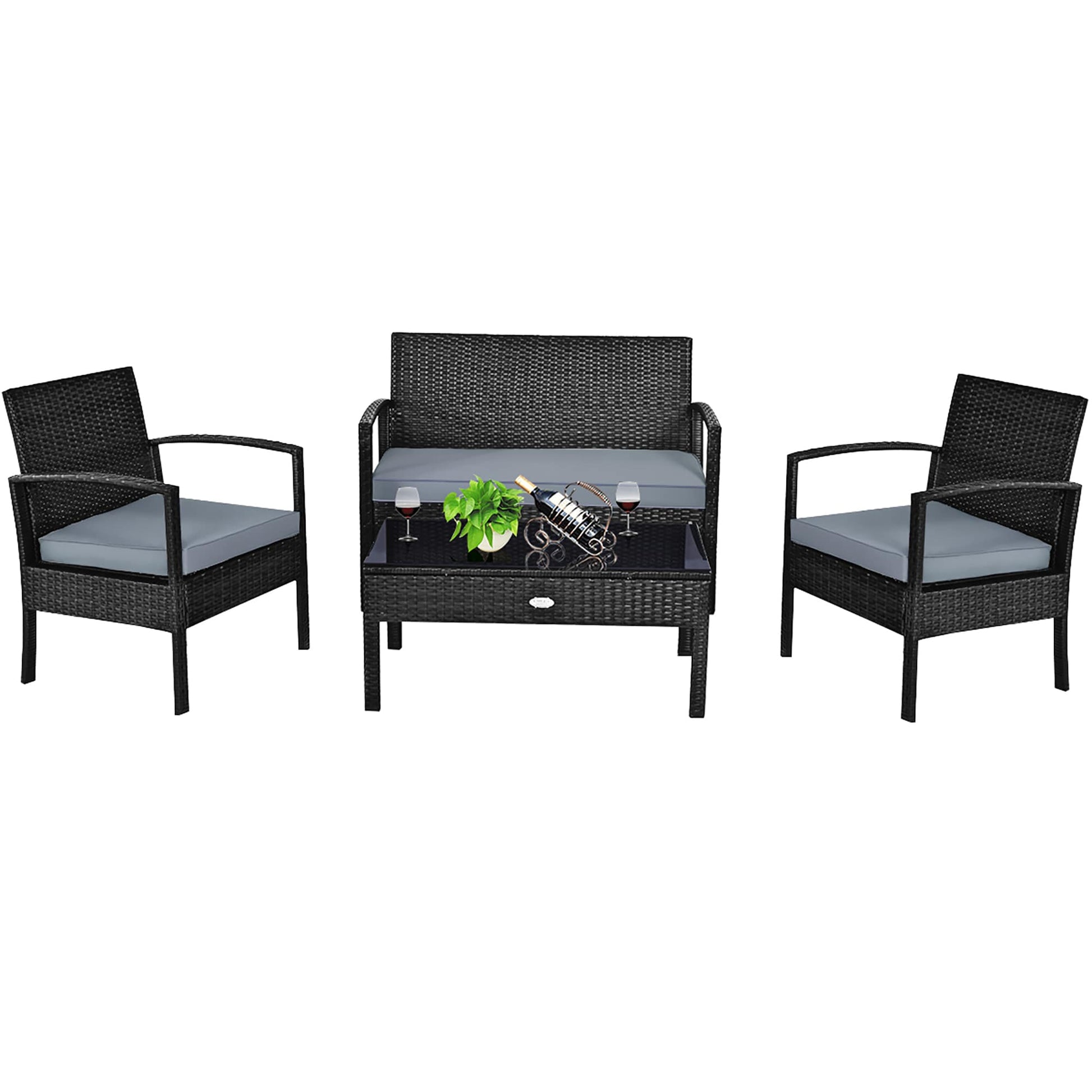 Costway Rattan Outdoor Sofa with Black Cushions and Rattan Frame