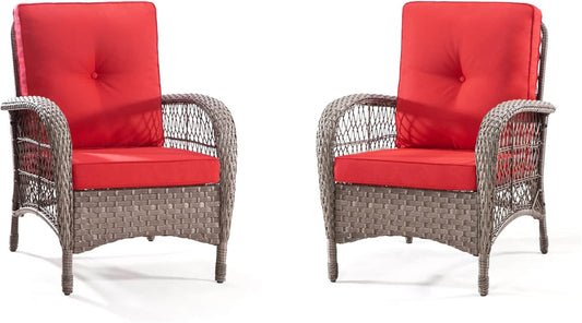 CESICIA Patio Chairs Set of 2 Wicker Red Steel Frame Stationary Dining Chair with Red Solid Seat