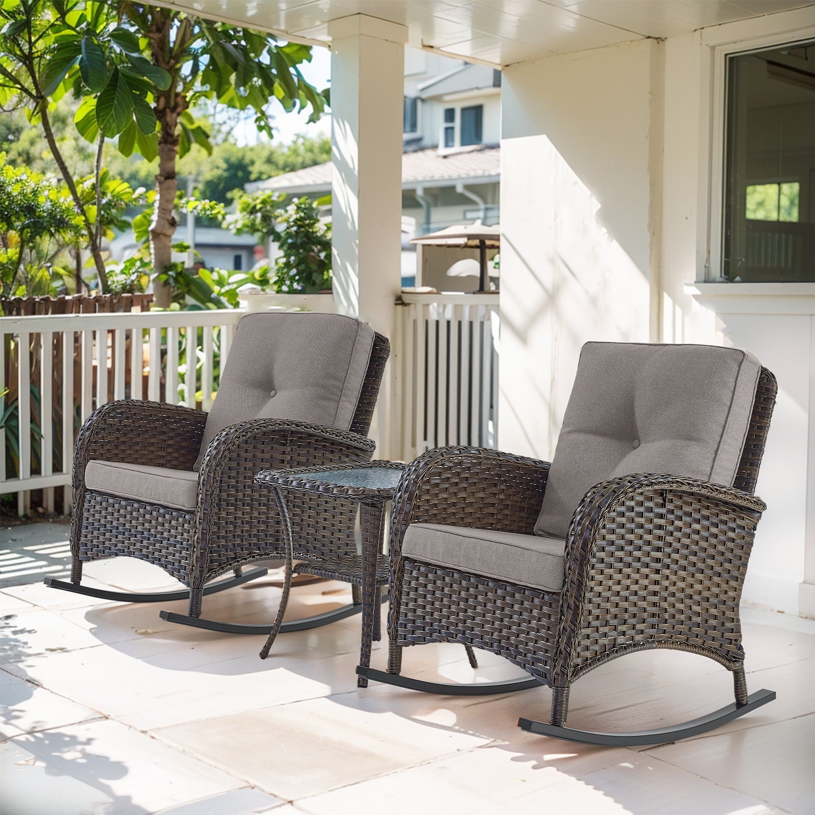  PACHAIRS-T Set of 2 Wicker Brown Steel Frame Conversation Chair with Gray Cushioned Seat