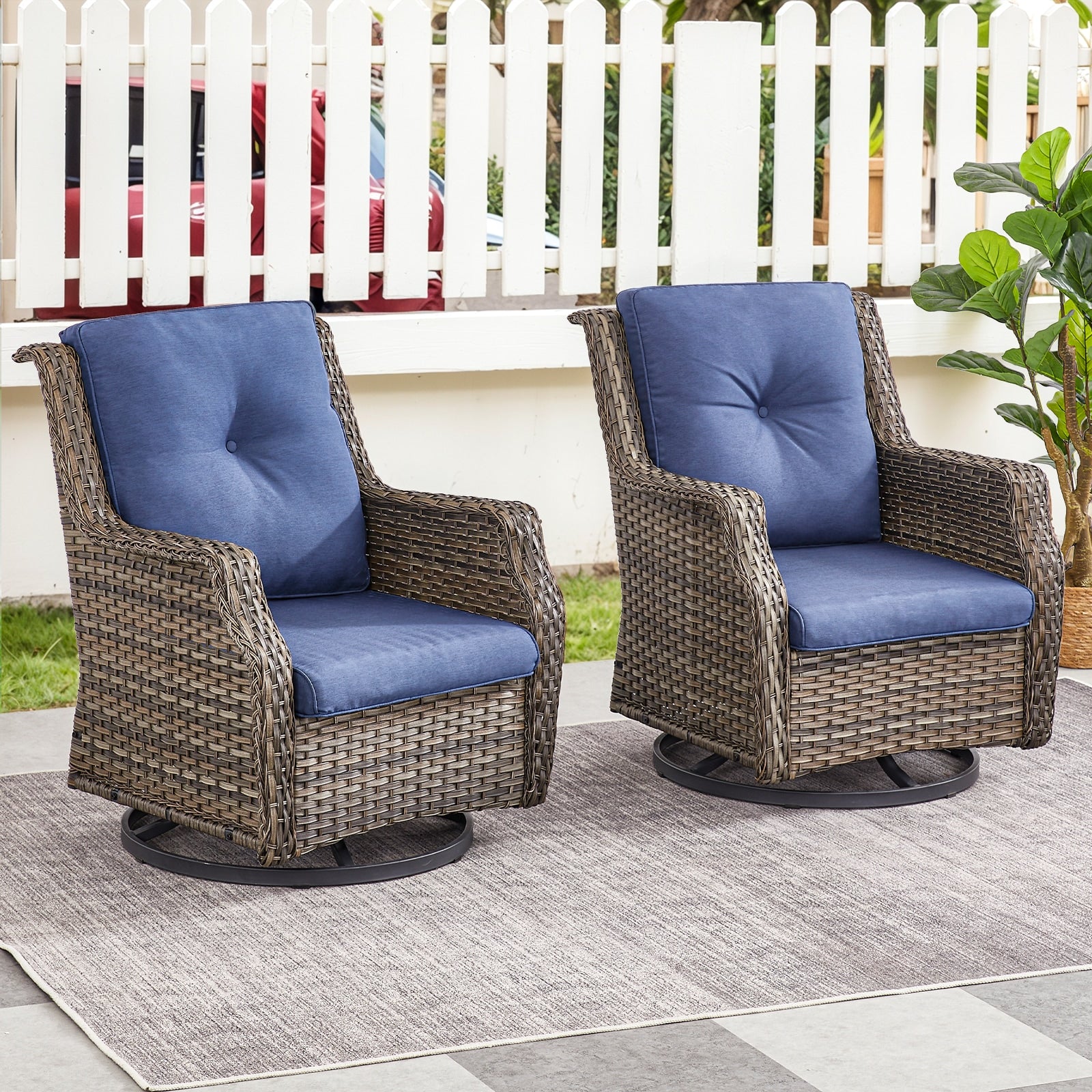 Jeehope PACHAIRS-T Set of 2 Wicker Gray Steel Frame Swivel glider Conversation Chair with Navy Cushioned Seat