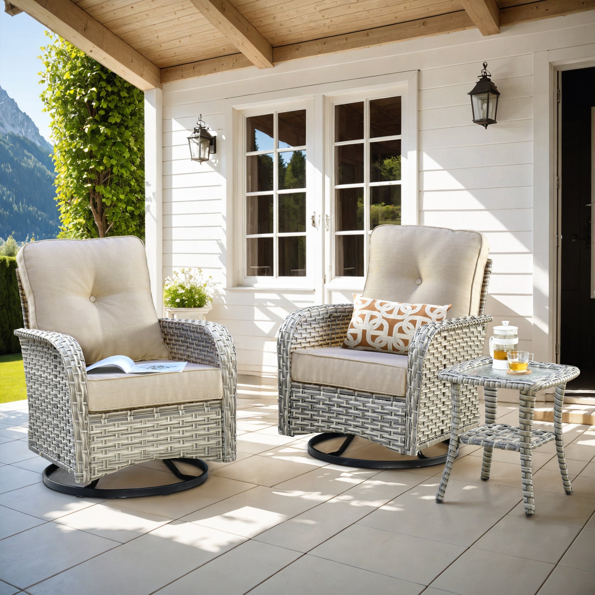 Pouuin 3 -Piece Wicker Patio Conversation Set with Beige Cushions