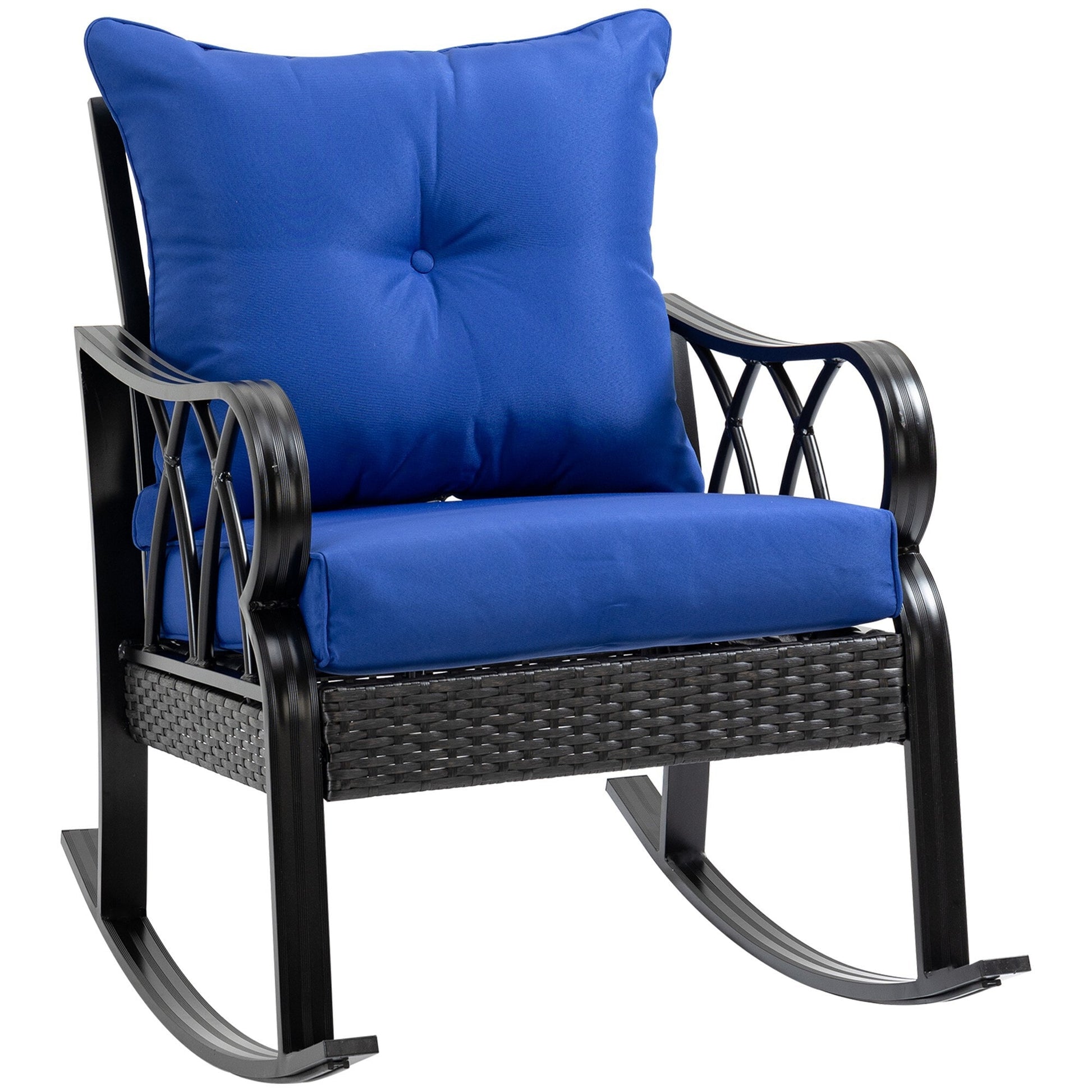 Miki Shinly Outdoor Patio Chair Wicker Black Steel Frame Rocking Chair with Blue Cushioned Seat