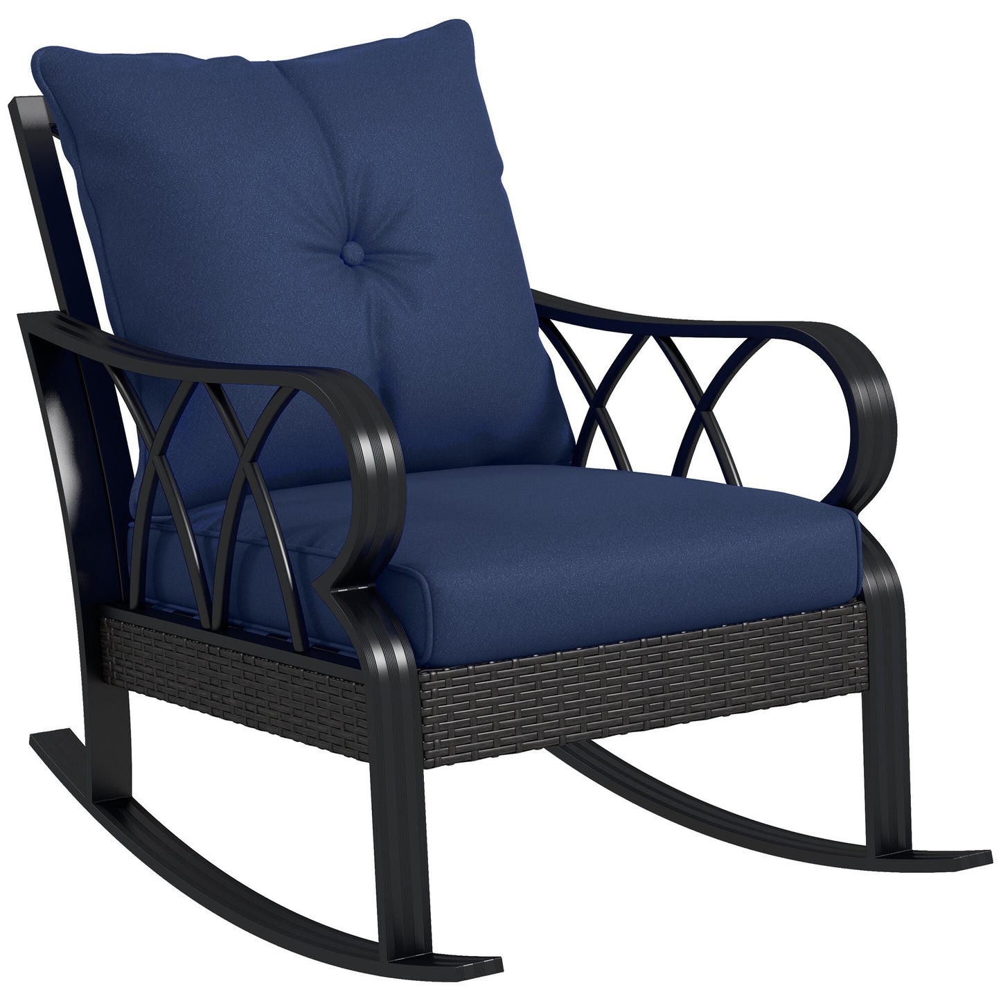 Miki Shinly Outdoor Patio Chair Rattan Navy Blue Steel Frame Rocking Chair with Blue Cushioned Seat