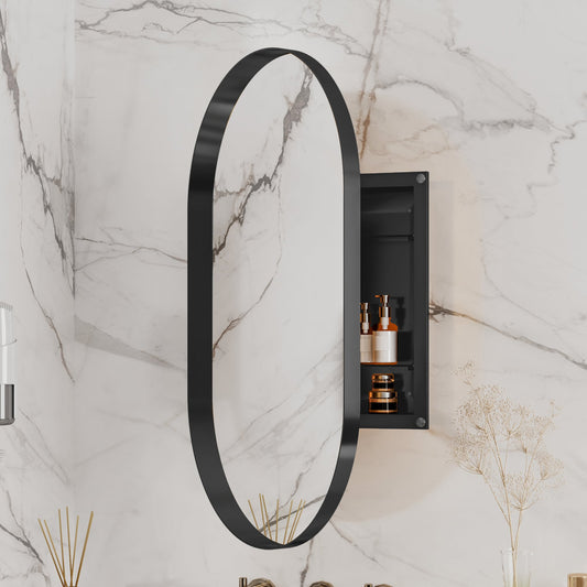 waterpar 20-Inches x 34-Inches Surface/Recessed Mount Black Mirrored Oval Medicine Cabinet