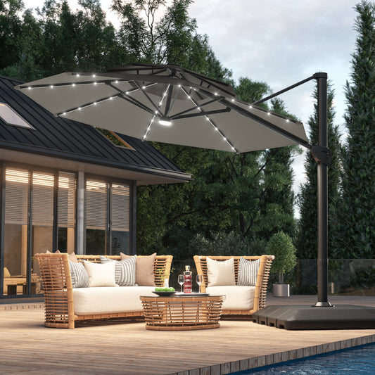 ACEGOSES 11-ft Aluminum Gray No-tilt Cantilever Patio Umbrella with Lights with Base