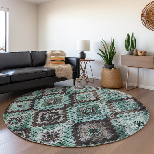 Addison Rugs Chantille ACN1891TE 8 x 8 (ft) Loomed Teal Round Indoor/Outdoor Geometric Machine washable Pet Friendly Area rug
