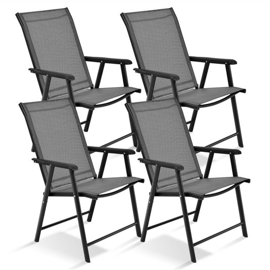 BABOOM Outdoor Chair Set of 4 Black Metal Frame Stationary Conversation Chair with Gray Textilene Sling Seat