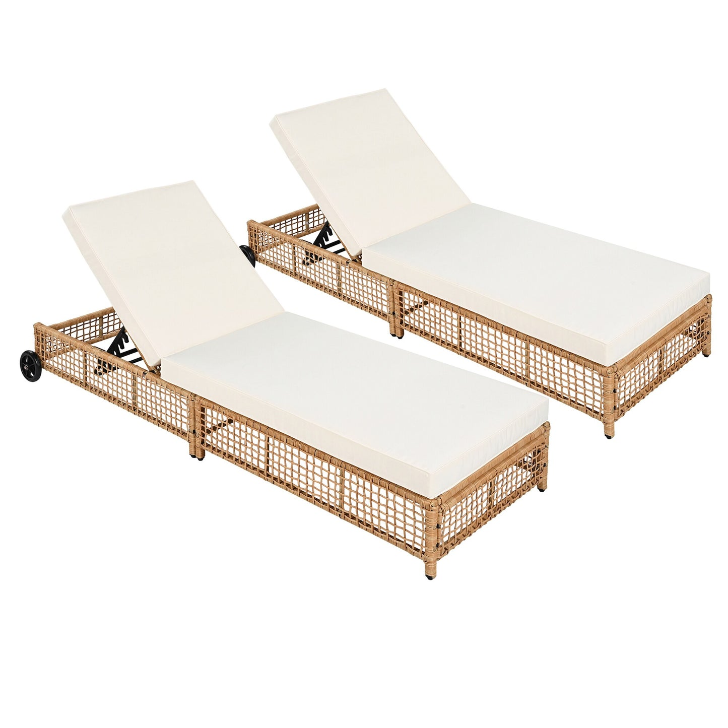 SINOFURN Set of 2 Rattan Natural Iron Frame Stationary Chaise Lounge Chair with Beige Cushioned Seat
