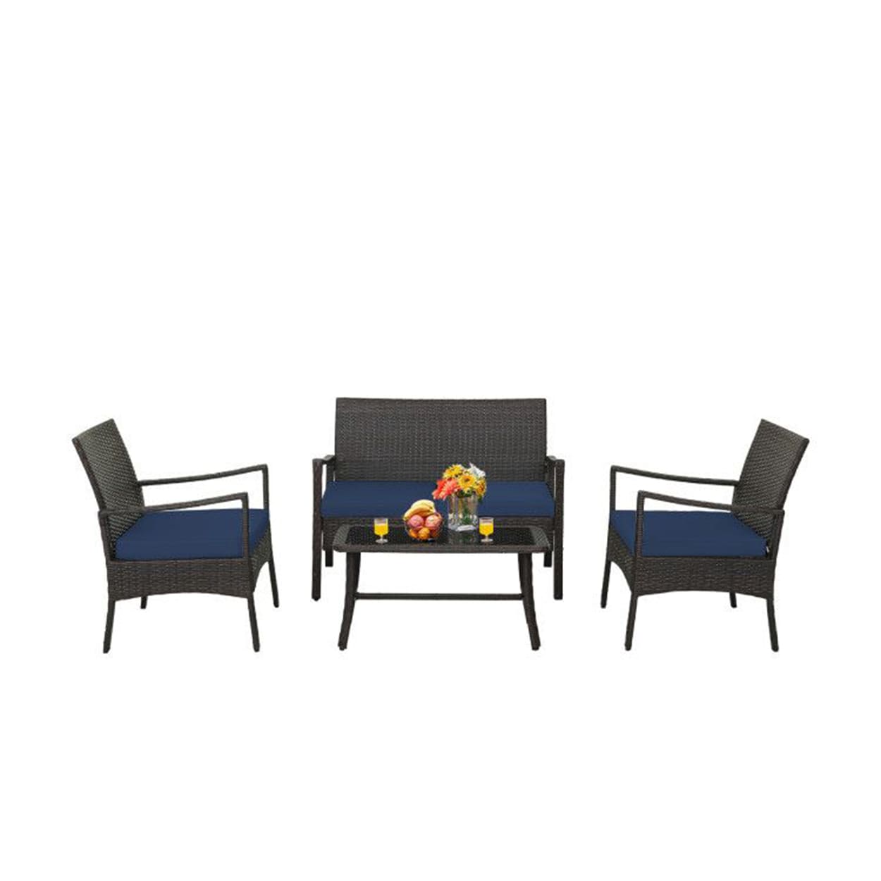 AHIOU HOME Eureka 4 -Piece Rattan Patio Conversation Set with Blue Cushions