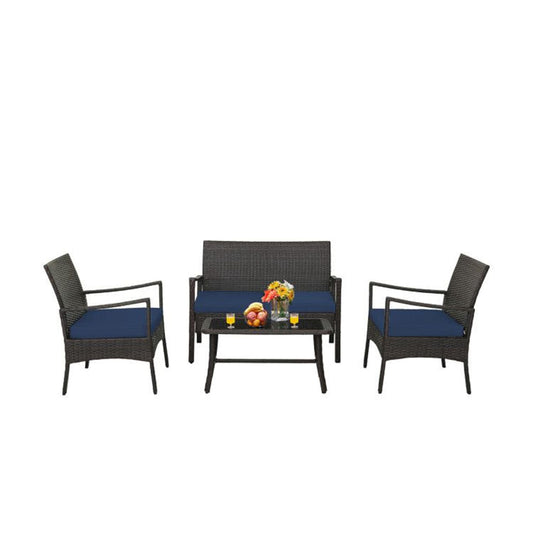 AHIOU HOME Eureka 4 -Piece Rattan Patio Conversation Set with Blue Cushions