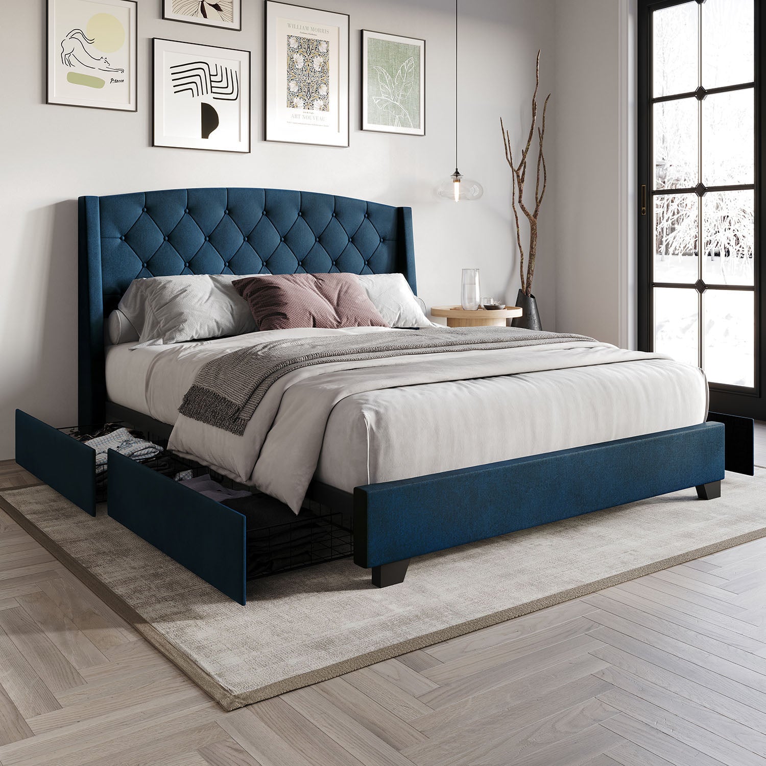 ChaletPosh Queen Navy Blue Wood Storage Platform Bed with Headboard