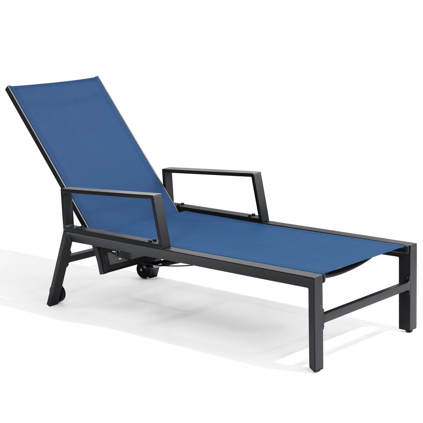 Crestlive Products Outdoor Patio Adjustable Chaise Lounge Chair Black Metal Frame Stationary Chaise Lounge Chair with Blue Texteline Mesh Seat
