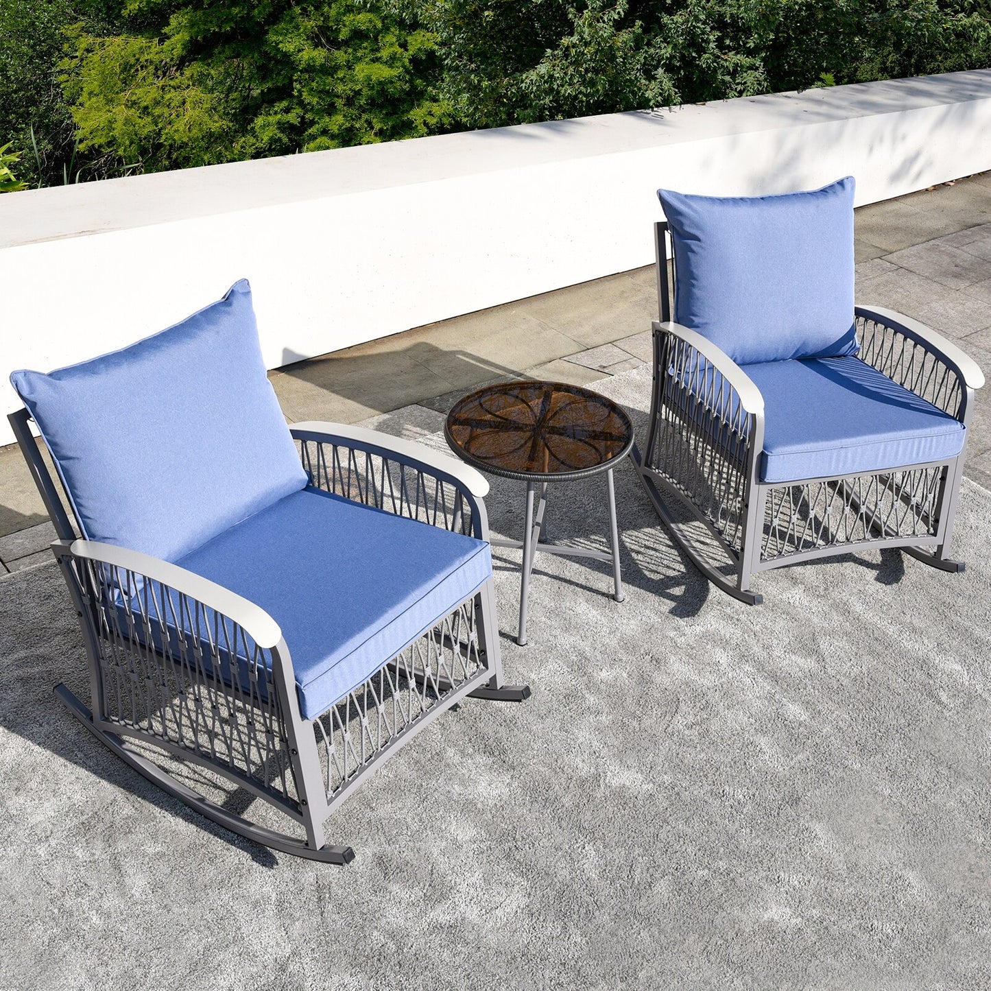 Damerin Patio Chairs Set of 2 Blue Rattan Frame Stationary Rocking Chair with Blue Cushioned Seat