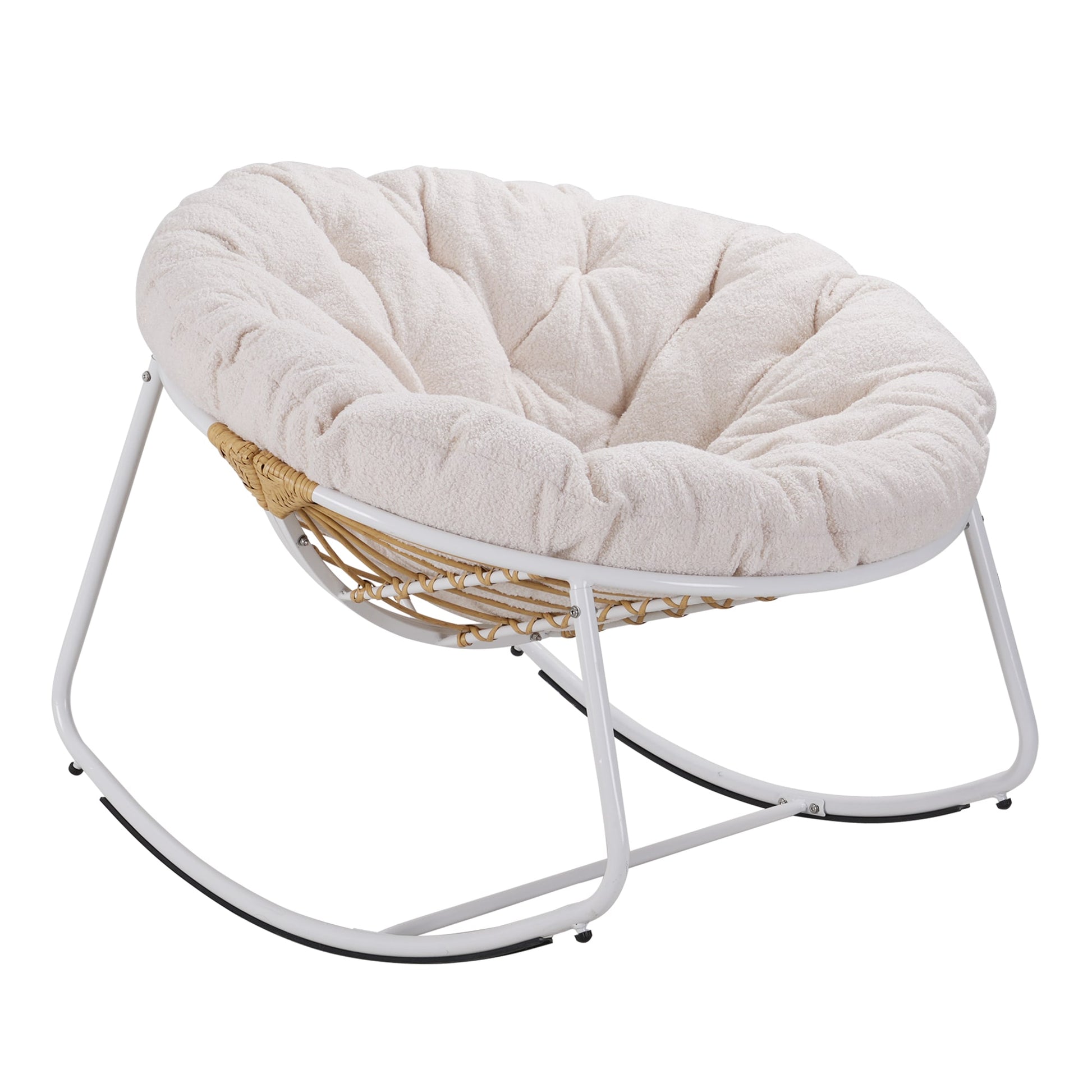 CESICIA Patio Chairs Wicker Beige Metal Frame Rocking Chair with Off-white Cushioned Seat
