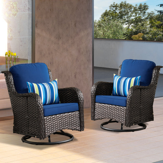 XIZZI Vesta Set of 2 Rattan Brown PE Rattan Rattan Frame Swivel rocker Rocking Chair with Navy Cushioned Seat