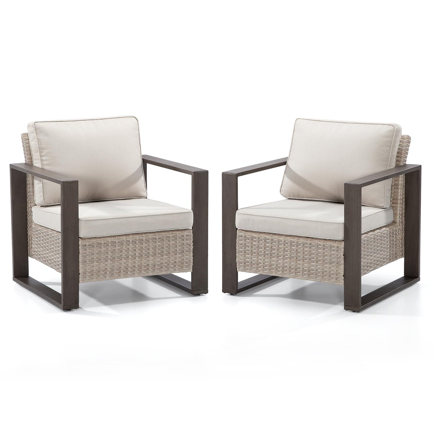 CESICIA Patio Chairs Set of 2 Wicker Beige Metal Frame Stationary Conversation Chair with Beige Cushioned Seat