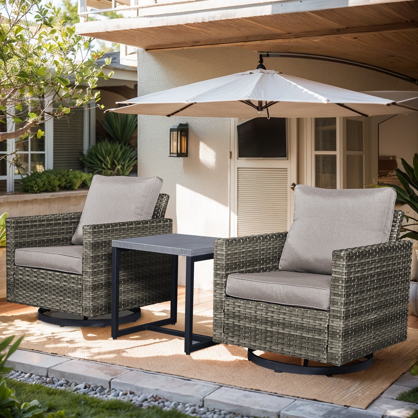 Jeehope PAnorama Series 3 -Piece Wicker Patio Conversation Set with Gray Cushions