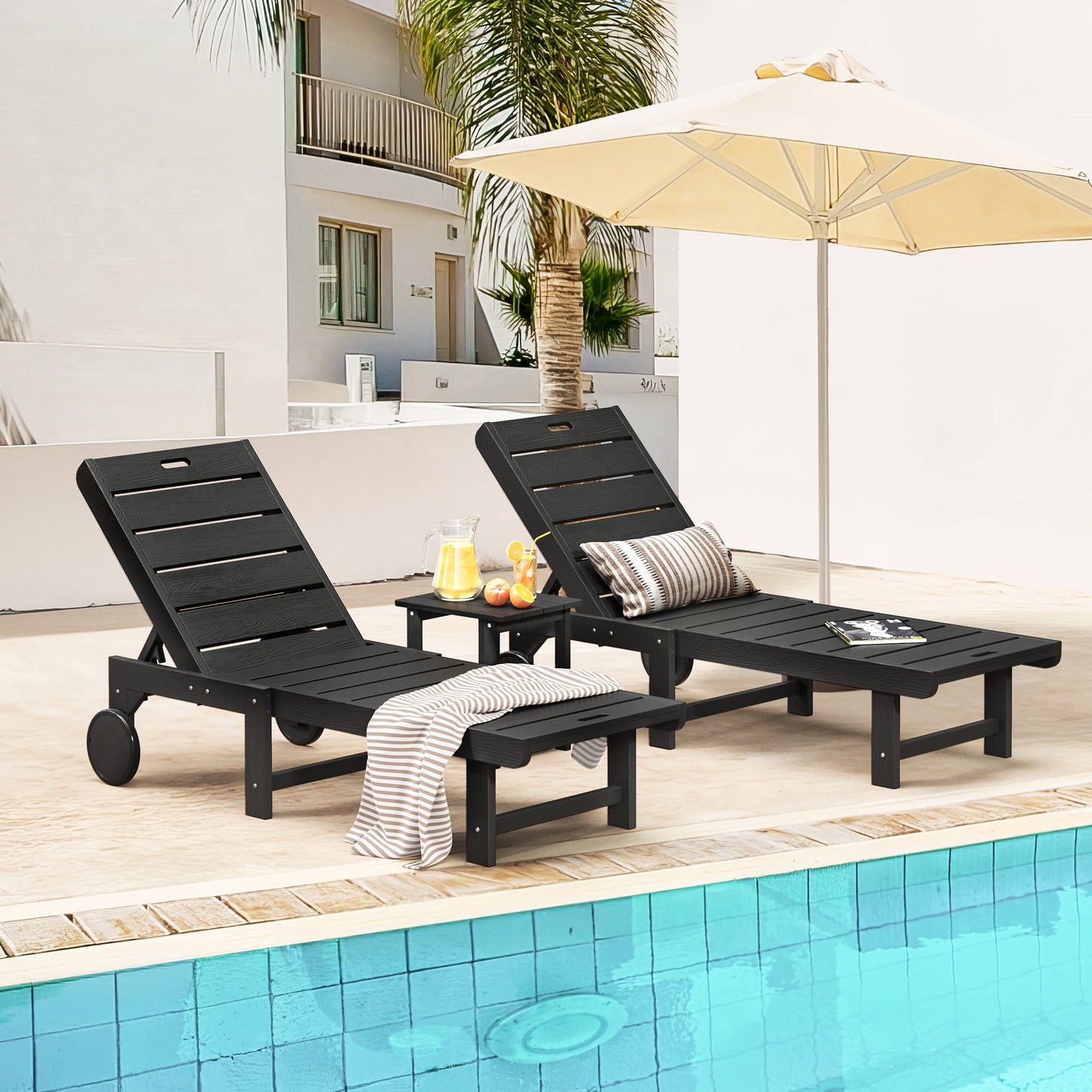 Yurevna Chaise lounge Set of 2 Black HDPE Frame Stationary Chaise Lounge Chair with Slat Seat