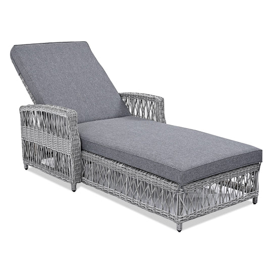 Bybafun Rattan Gray Metal Frame Stationary Chaise Lounge Chair with Gray Cushioned Seat