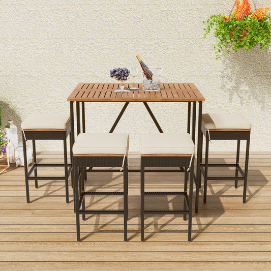 Moda Furnishings Gigi 5 -Piece Brown Wicker Balcony Height Patio Dining Set Wood Rectangle Table with 4 Beige Cushions Stationary Chairs
