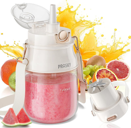 Portable Blender, Prasky Personal Blenders for Shakes and Smoothies with 27oz Cup, Lid and Shoulder Strap,Type-C USB Rechargeable, Personal Size Blenders BPA-free for Gym\/Travel\/Kitchen (Ivory White)