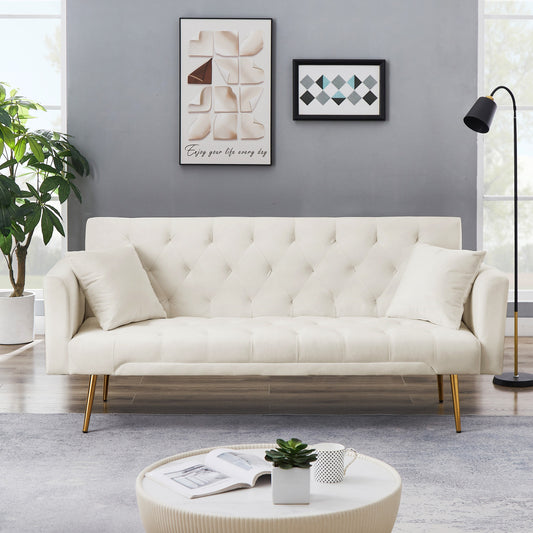 71 Inches Velvet Futon Sofa Bed with 2 Pillows,Modern Convertible Futon Couch with Adjustable Backrest,Beige