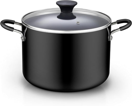 Cook N Home Nonstick Stockpot with Lid 8-QT, Professional Deep Cooking Pot Canning Cookware Stock Pot with Glass Lid, Black