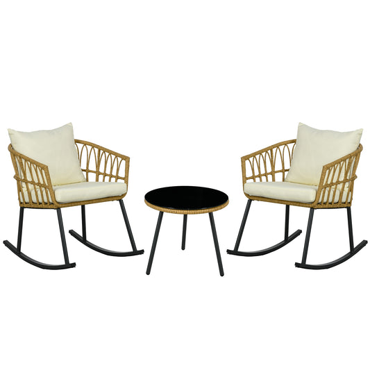 Clihome PE Rattan Wicker Patio Rocking Chair 3 -Piece Wicker Patio Conversation Set with Off-white Cushions