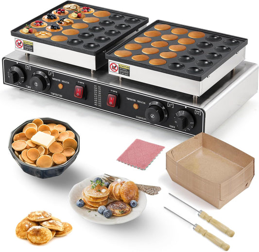 Moongiantgo Mini Pancake Maker Machine Dual Plate 50pcs, Non-Stick Commercial Dutch Pancakes Maker Stainless Steel, Electric Muffin Poffertjes Waffle Baker With Temp&Time Control For Restaurant, 110v