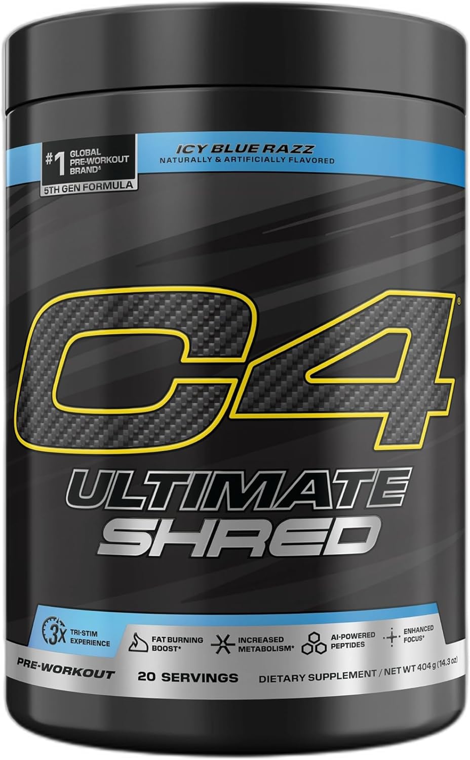 Cellucor C4 Ultimate Shred Pre Workout Powder, Fat Burner for Men & Women, Metabolism Supplement with Ginger Root Extract, ICY Blue Razz, 20 Servings (Pack of 1)
