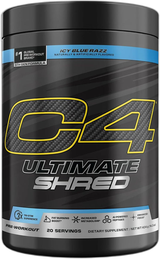Cellucor C4 Ultimate Shred Pre Workout Powder, Fat Burner for Men & Women, Metabolism Supplement with Ginger Root Extract, ICY Blue Razz, 20 Servings (Pack of 1)
