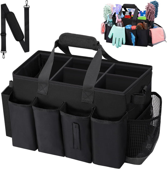 Wigojoy Wearable Large Cleaning Caddy Bag for Housekeeper, Clean Supply Organizer with Adjustable Shoulder, Waist & Handle Straps, Detailing Bag for Kitchen Supplies (Black)