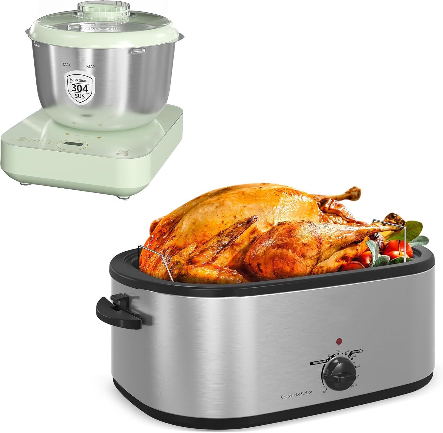 Roaster Oven 28 Quart Fits Turkeys Up to 30LB, 5.2QT Dough Mixer with Weighing Function, Flour Kneading Machine for Pizza, Bread