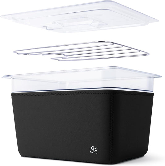 Greater Goods Sous Vide Container 12 Qt with Stainless Steel Rack, Insulation Sleeve, and Lid, (Onyx Black)