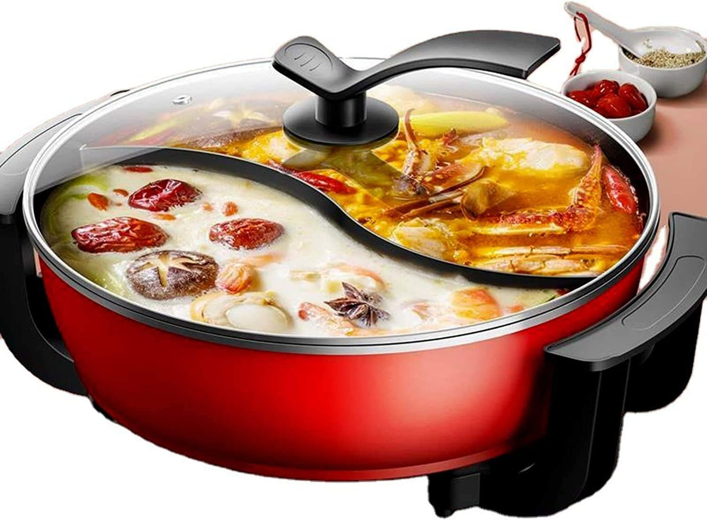 Mandarin Duck Electric Pot, Multi-Function Household Hot Pot, 6L\/8L Large Capacity, One Pot with Two Flavors, 1500W, Intelligent Temperature Control,6L,medical stone (Color : 6l, Size : Red mandarin