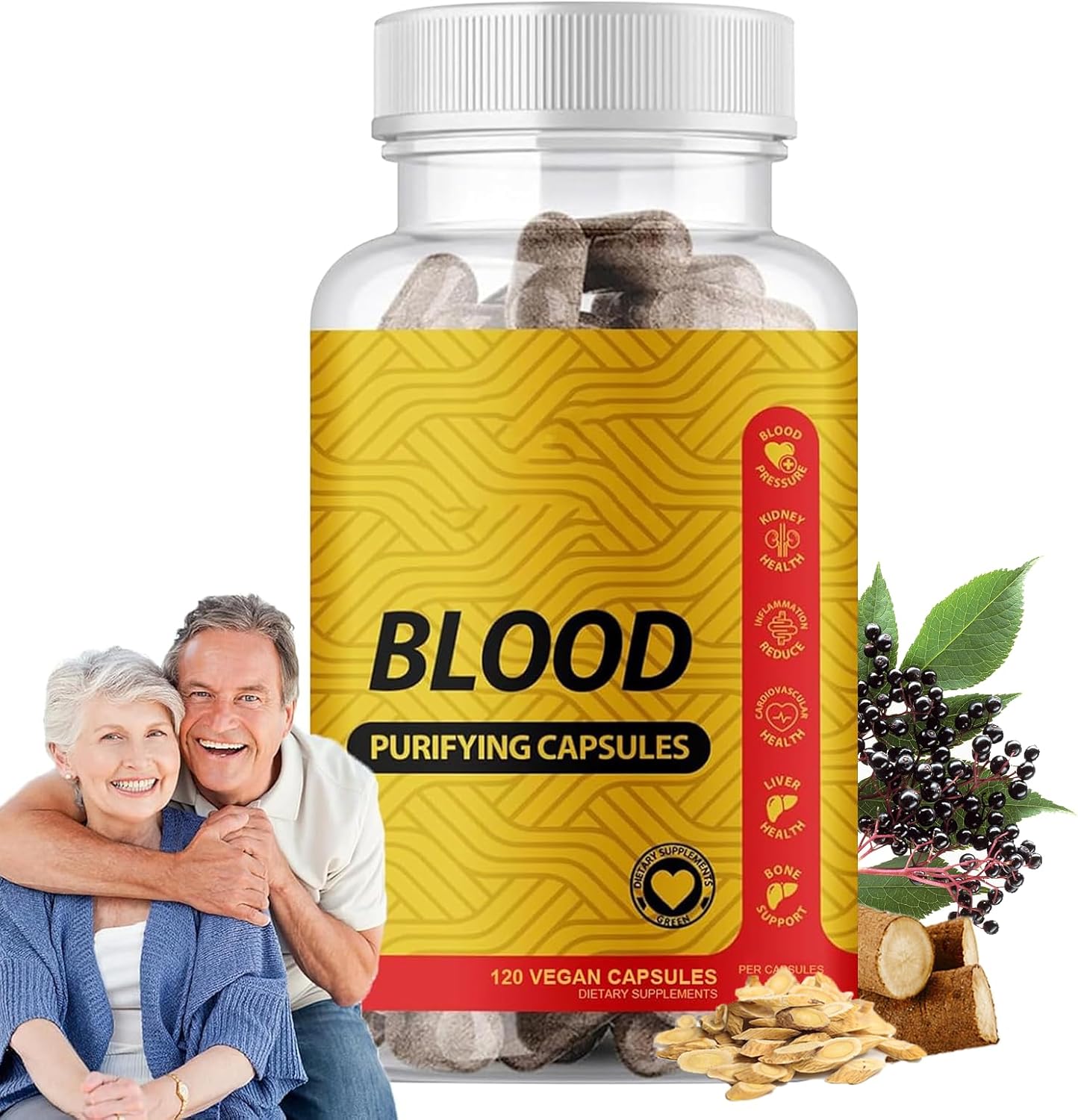 Blood Purifying Capsules, Blood Purifier | 5 Blended Herbal Supplement with Yellow Dock, Burdock Root, Supports Kidney and Liver Health, 120 Capsules (1PC)
