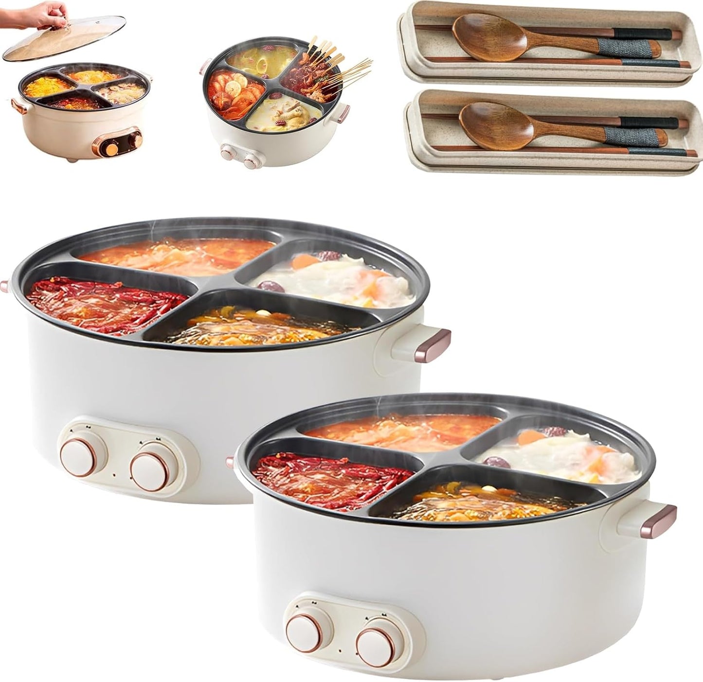 Olla De Cuatro 4 Compartimentos, Multifunctional Four Grid Electric Cooker, 4 Compartment Multifunctional Integrated Stew Hot Pot, 6l Large Capacity 4 Flavors for Family Gatherings(2pcs)