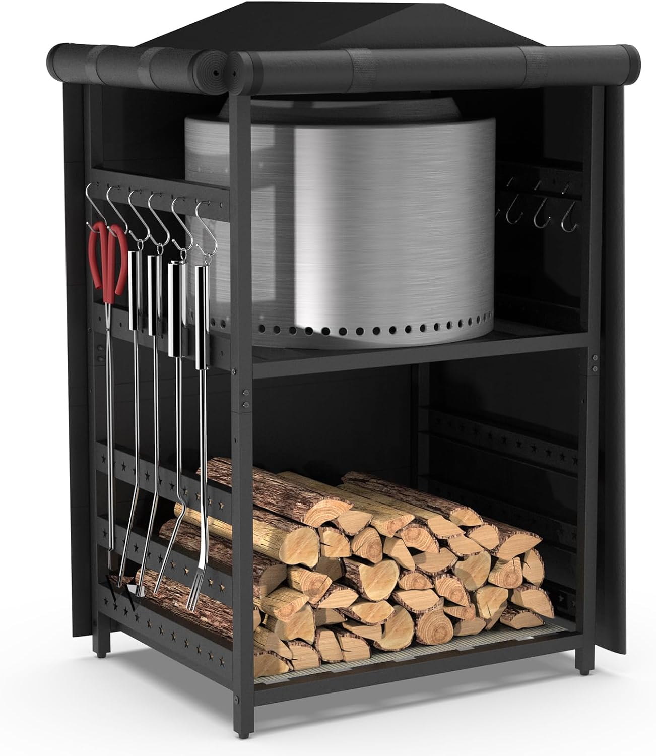 Storage Station for Solo Stove Bonfire, Yukon, Ranger, Firewood Rack Outdoor with Cover, Storage Rack for Fire Pit Accessories, with Waterproof Cover, Adjustable Shelf, Iron Black