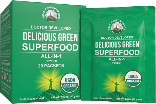 Peak Performance Organic Greens Superfood Powder Single Serve Travel Packets. Best Tasting Organic Green Juice Super Food with 25+ All Natural Ingredients for Max Energy. (20 Pack)