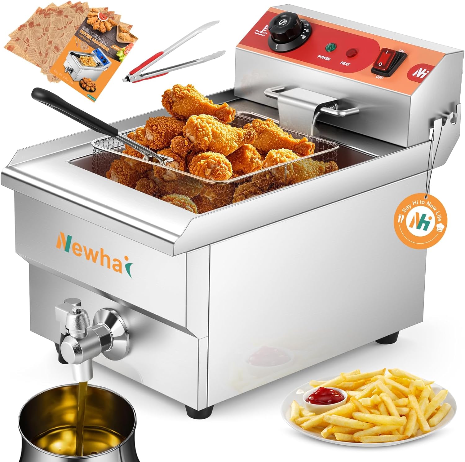 Newhai Electric Deep Fryer 13L 13.7QT Commercial Countertop Frying Machine with Basket Stainless Steel for Restaurant Home 1500W 110V