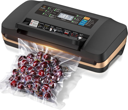 95kpa Vacuum Sealer Machine,Commercial Full Automatic Food Sealer,10-in-1 Sealing System with Double Heat Seal,Bags Storage,Easy-Lock Handle,Build-in Cutter,1 Bag Rolls and 10 pcs Pre-cut Bags（Black）