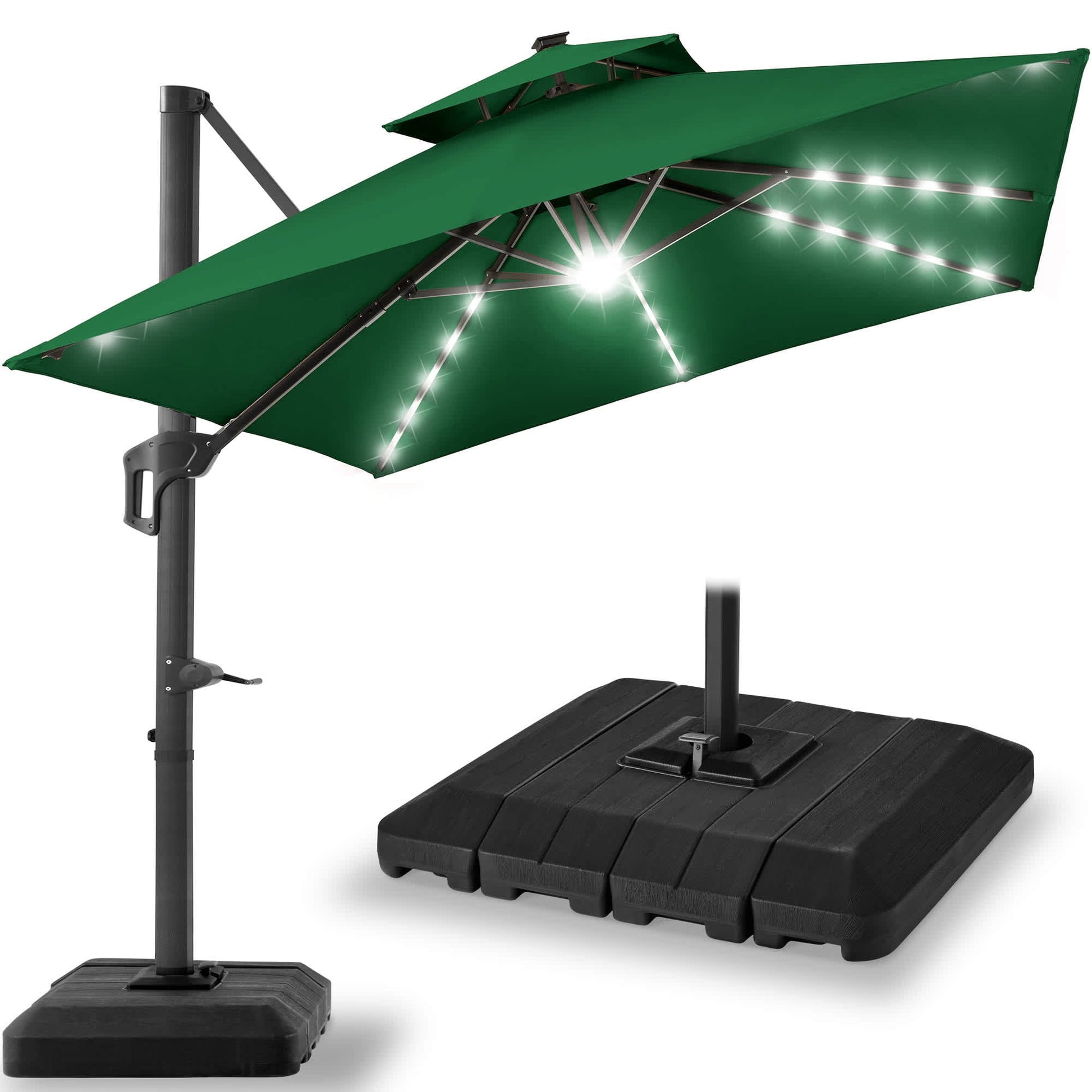 Best Choice Products  10x10ft 2-Tier Square Outdoor Solar LED Cantilever Patio Umbrella w/ Base Included - Green