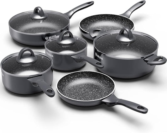 Induction Cookware Pots and Pans Set 10 Piece, BEZIA Dishwasher Safe Nonstick Cooking Pans, Stay-Cool Bakelite Handle, Scratch Resistant Kitchen Sets with Frying Pans, Saucepans & Stockpot (Black)