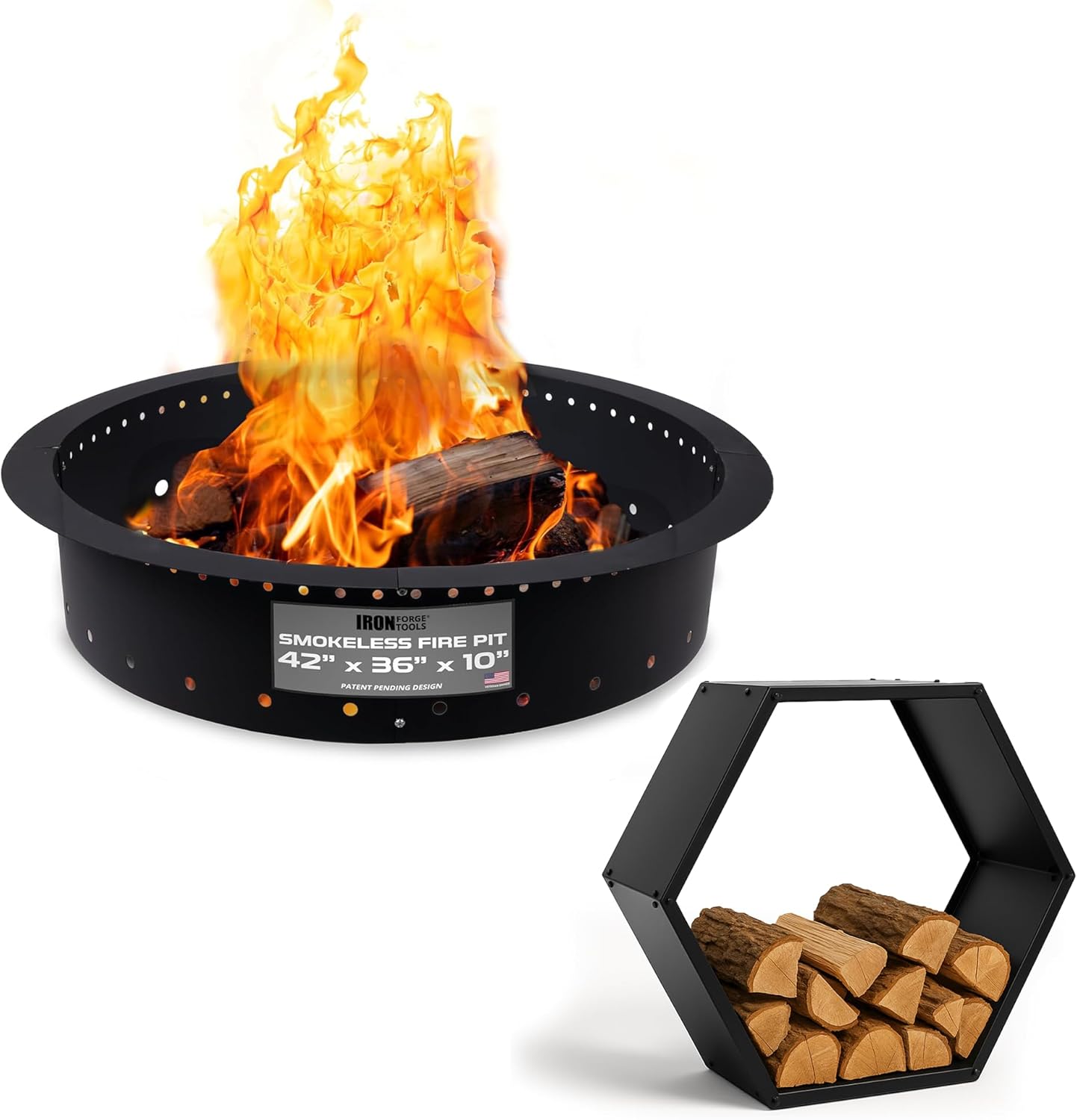 Iron Forge Tools 42" Fire Pit Ring & 30" Hexagon Firewood Rack with Cover - Heavy-Duty Outdoor/Indoor Smokeless Fire Pit Insert & Log Holder (Utility Patent Pending)