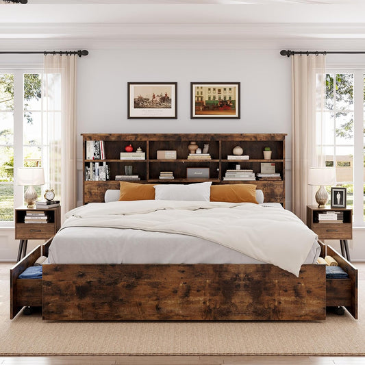 Qeetex Full Bed Frame with Storage Headboard Wooden Bed Frame with 4 Drawers Storage Bookcase and Queen Size Platform Bed with Strong Metal Support No Box Spring Needed Noise-Free Brown