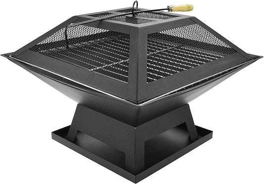Barbecue Grill Square Outdoor Metal Firepit, with Spark Screen Log Poker and Cover Grill Table, forrd Patio Garden Stove Wood Burning Fire Pit