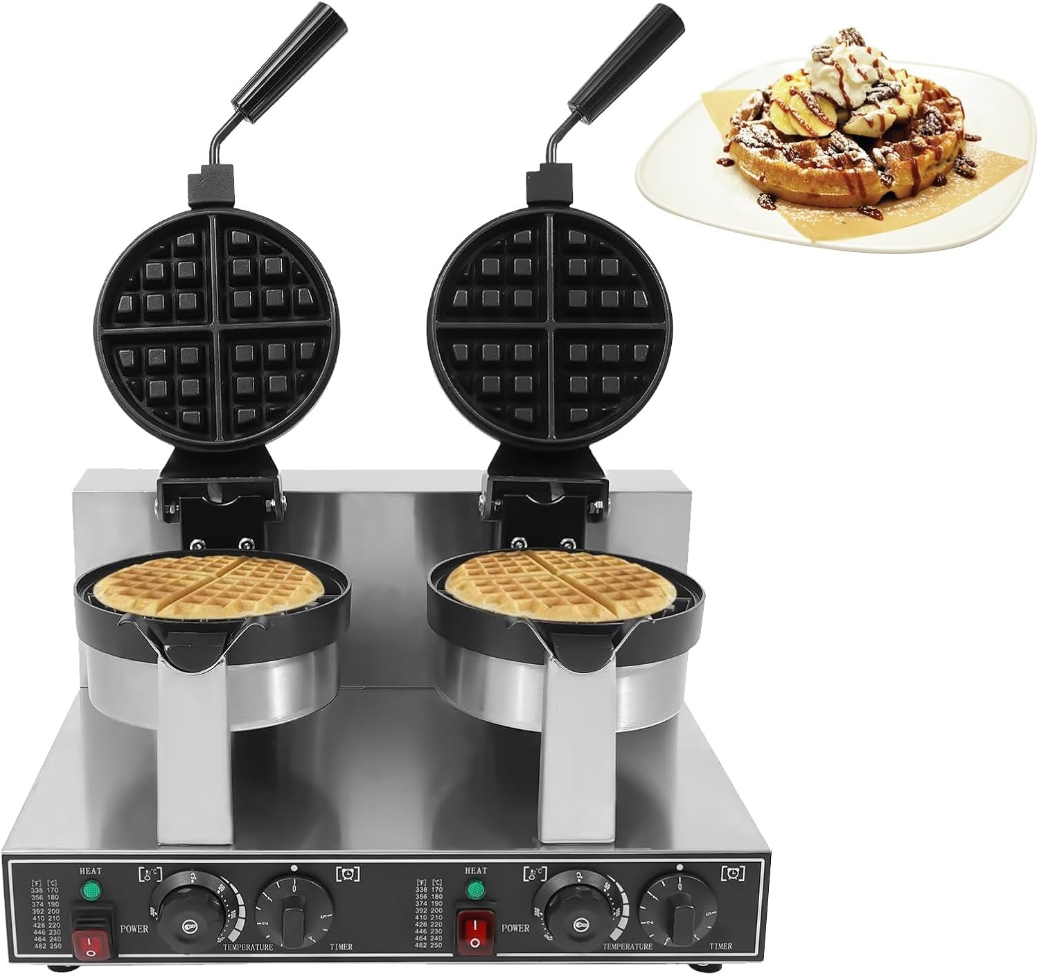 Double Head Commercial Waffle Maker, 2400W Stainless Steel Non Stick Rotating Waffles Machine,Waffle Iron with Adjustable Temp and Timer,Perfect for Restaurant Home Kitchen Snack Bar