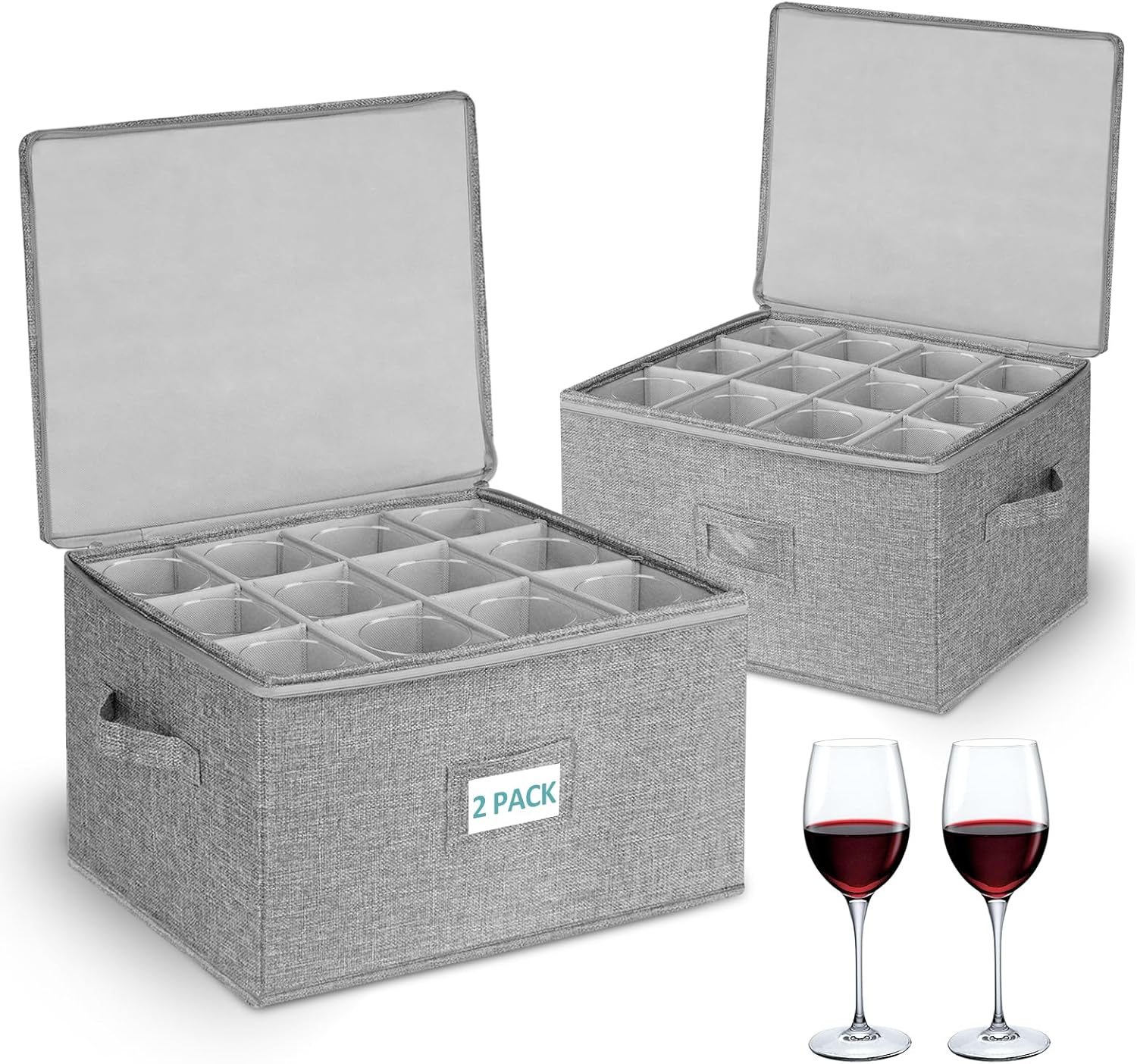 Cirhy Wine Glass Storage Box, Stackable Rigid-Shell Glassware Storage Containers with Dividers & Handles, Holds 24 Crystal Glasses, 2-Pack Protective Stemware Organizer for Moving, Kitchen Storage
