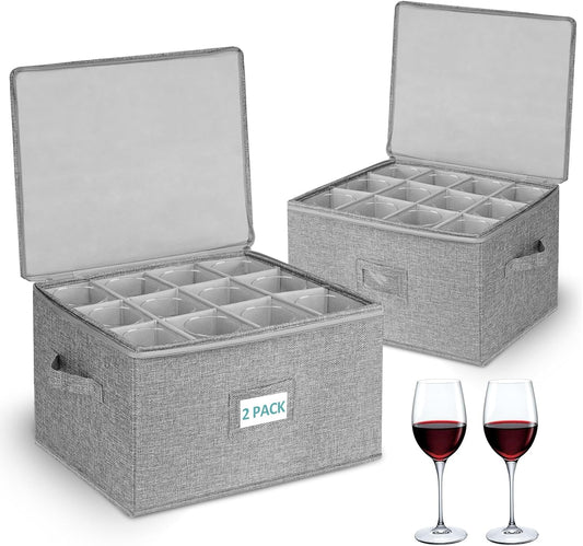 Cirhy Wine Glass Storage Box, Stackable Rigid-Shell Glassware Storage Containers with Dividers & Handles, Holds 24 Crystal Glasses, 2-Pack Protective Stemware Organizer for Moving, Kitchen Storage