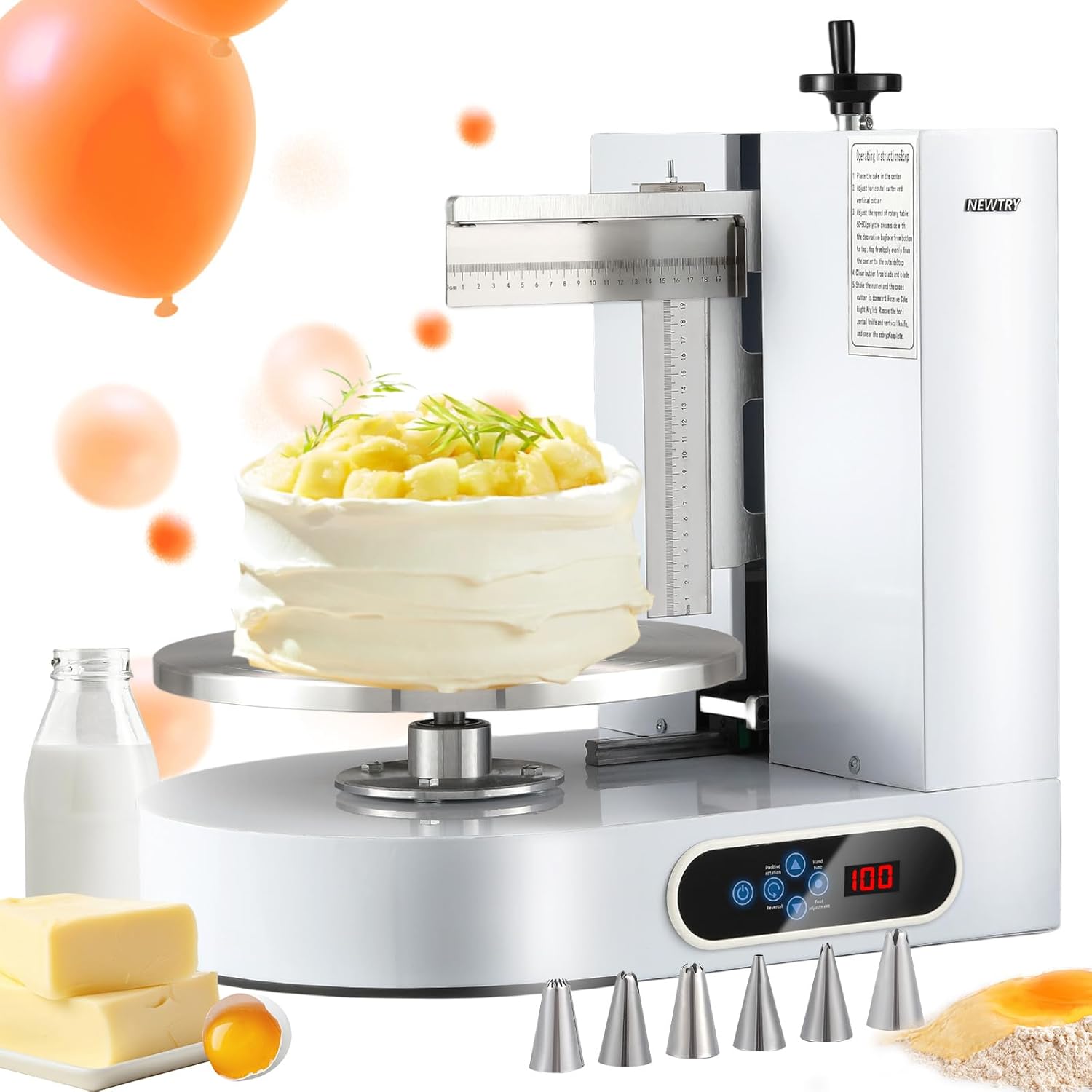 NEWTRY Electric Cake Decorating Machine Semi Automatic Cream Butter Coating Machine Icing Machine Surface Scraper for 4-12 inch Cakes 110V US